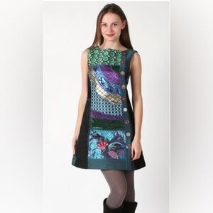 Disigual women’s size 40  artsy sleeveless heavy peacock print patch work dress